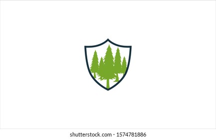Pine trees in shield frame for green environment protection illustration in flat minimalist vector logo design