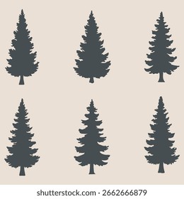 Colección de silueta de pinos, Conjunto de árboles de montaña Clipart, Vector de diferentes árboles, Siluetas negras de pino, Árbol de montaña blanco y negro aislado