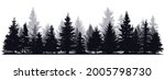 Pine trees silhouettes. Evergreen coniferous forest silhouette, nature spruce tree park view vector illustration. Coniferous woods silhouette. Forest pine park, spruce tree landscape view