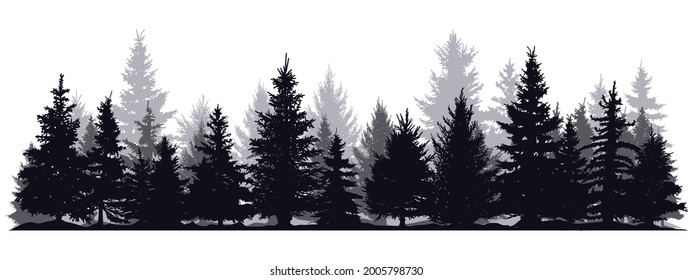 Siluetas de pinos. Silhouette de bosque de coníferas de color verde, ilustración vectorial de la vista de los árboles de abeto natural. Silhouette de madera de coníferas. Parque de pinos del bosque, vista del paisaje de los abetos