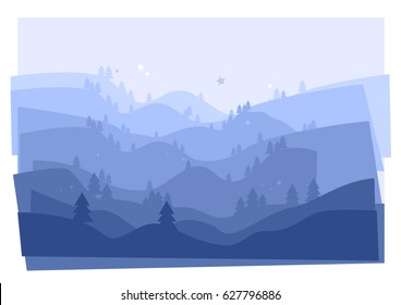 Pine trees silhouettes on landscape fading background made on layers. Blue forest.
