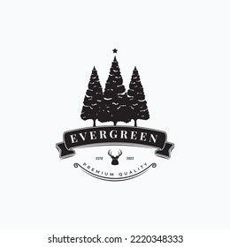Pine trees simple vintage logo vector illustration design. Evergreen trees with star and deer head icon vintage label concept.
