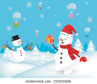Pine trees and snow in the snow forest Snow A gift box and snow falls from the sky and has 2 snowmen. Vector Illustration