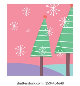 pine trees snowflakes celebration merry christmas vector illustration