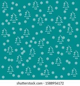 pine trees and snowflakes, winter seamless pattern, blue green colors background, vector