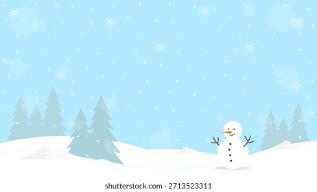 Pine Trees And Snowman In The Snowfall And Clear Blue Sky