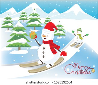Pine trees and snowy mountains in the snow forest. Snowman skiing on icy roads and with the letters Merry Christmas. Vector images