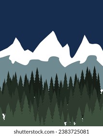 Pine trees and snowy mountains. Winter landscape. Illustration. Snow. Trees. Mountains. Forest. Illustrat3.