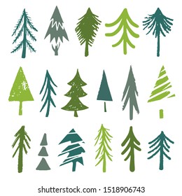 Pine trees, spruce set. Sketch hand drawn icons isolated on white background. Christmas, New Year decoration. Design elements
