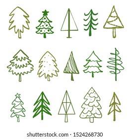 Pine trees, spruce set. Sketch hand drawn icons isolated on white background. Christmas, New Year decoration. Design elements