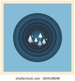 Pine trees at ta snowing night. Layers of blue circles inside a square frame containing snow flakes and pine trees. A mini forest while it's snowing.