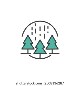 Pine trees under rain icon. Line icon representing three pine trees under rainfall, symbolizing nature, weather, and forest.