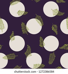 Pine Twigs with circles on deep purple vector seamless pattern background. Perfect for fabric, scrapbooking and wallpaper projects.