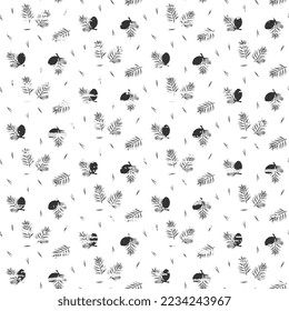 Las ramas de pino con conos están esparcidas en un hermoso patrón blanco y negro, texturado. Patrón vectorial de las ramas de abetos sin foco. Diseño navideño.