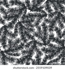 Pine twigs with needles. Christmas seamless pattern. Spruce tree branch. Vector graphic illustration of traditional winter background. Holiday template for New Year card, wrapping, textile, wallpaper.