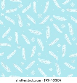 Pine twigs and snowflakes. Seamless winter pattern.