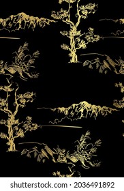 pine vector japanese chinese nature ink illustration engraved sketch traditional textured seamless pattern black