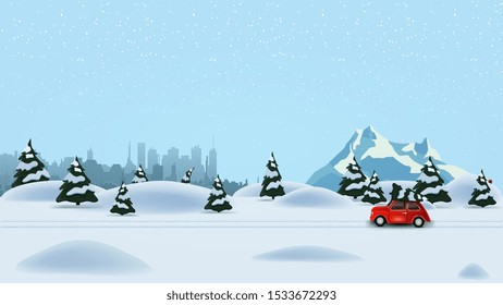 Pine winter forest, silhouette city, snowy mountain and red vintage car carrying Christmas tree