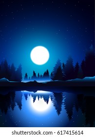 pine wood near lake at night and moon