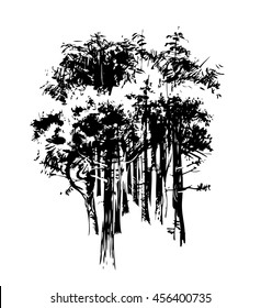 The pine wood, vector, black-and-white computer graphics, dragging a feather, the picturesque sketch, E P S, a background for wall-paper and for walls and on fabrics