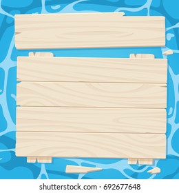 Pine wooden boards floating on the shining blue water ripple. top view background Vector 