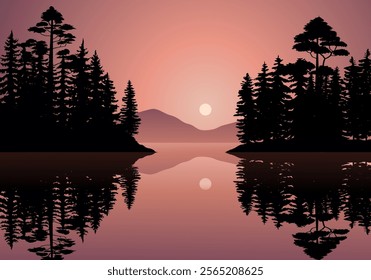 Pine woodland sunset landscape with calm lake