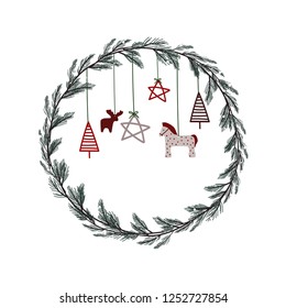 Pine wreath with christmas decorations. Hand drawn vector illustration. Postcard design template.