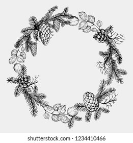 Pine wreath with cone and fir brunches. Vector illustration.