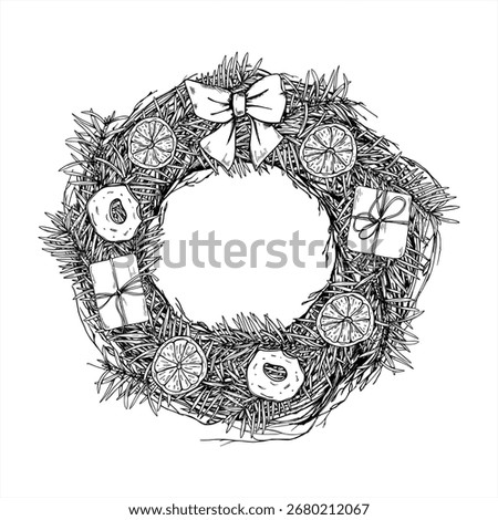 Pine wreath decorated gifts, dried fruit slices and tied bow monochrome vector illustration painted by black inks. Christmas decor outline drawing. For holiday invitation, winter greeting card.