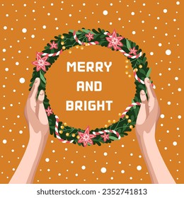 Pine wreath in hands. Template for a postcard. Xmas and 2024 New Year decor. Modern flat style. Vector.