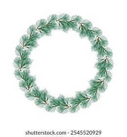 Pine wreath, roung frame, Christmas concept,  Christmas wreath without decoration. Circle from pine branches isolated on white. Vector image