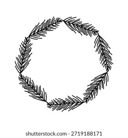 Icono de Vector de corona de pino. Decoración navideña de coníferas, marco redondo de abeto. Clipart botánico dibujado a mano, garabato blanco y negro. Elemento para Navidades, Año Nuevo. Silueta de ramas de abeto