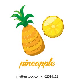 Pineaple fruits poster in cartoon style depicting whole and half of fresh juicy isolated on white background including caption Pineaple. Vector illustration.