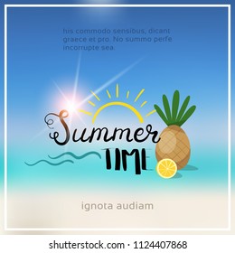pineaple summer blurred sea bokeh beach background frame design badge vacation season holidays lettering for logo templates invitation greeting card prints and posters copy space vector illustration