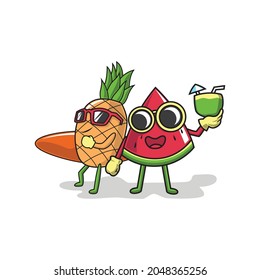 pineaple and watermelon cartoon illustration vector design
