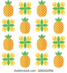 Pineaplle background with creative abstract geometric simbols of fruit, leaf, juice drop. Exotic delicious tropical fruit. Texture, ornament, seamless pattern for packaging, paper, textile, fabric