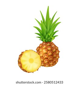 Pineapple 3d realistic fruit isolated vector healthy food snack, whole pineapple with leaves, pineapple slice or half, design for juice packaging, fresh ananas vegetarian food