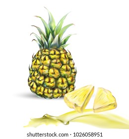 pineapple 3d realistic illustration of a vector of slices and juice
