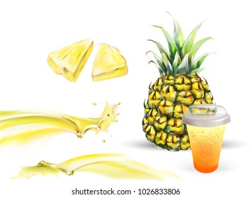 pineapple 3d realistic illustration of a vector of slices and juice