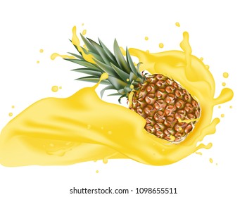 Pineapple 3d vector with realistic splash design elements. Packaging splashing falling ananas for juice, coffee, milk, water, cocktail, chocolate. Good for web design. EPS 10.