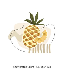 Pineapple abstract composition with leaves and abstract shapes isolated on white background. Trendy vector concept.