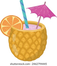 Pineapple alcoholic cocktail with straw, umbrella and orange. Vector illustration. Alcoholic drinks are available in the bar menu. Beach holidays, summer holidays, party, cafe bar, vacations.