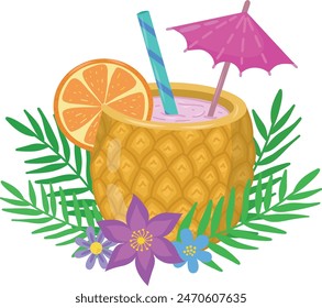 Pineapple alcoholic cocktail with straw, umbrella and orange with palm leaves and flowers. Vector illustration. Beach holidays, summer holidays, party, cafe bar, vacations.