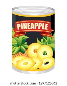 Pineapple in aluminum can. Canned sweet pineapple logo. Tinned pineapple rings. Product for supermarket and shop. Flat vector illustration isolated on white background.