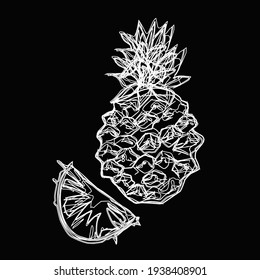 Piña, Ananas. Caminar en una pizarra. Blanco sobre un fondo negro. Icono vegano con frutas y bayas. Nutrición adecuada. Objetos vectoriales aislados.