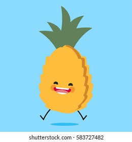 pineapple (Ananas) with cute face. Illustration funny and healthy food cartoon. Blue background
