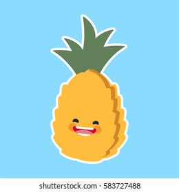 pineapple (Ananas) with cute face. Illustration funny and healthy food cartoon. Blue background
