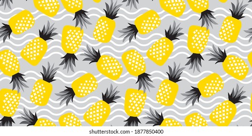 Pineapple ananas summer seamless pattern in yellow and gray 2021colors for background, fabric, textile, wrap, surface, web and print design. Textile vector tile rapport
