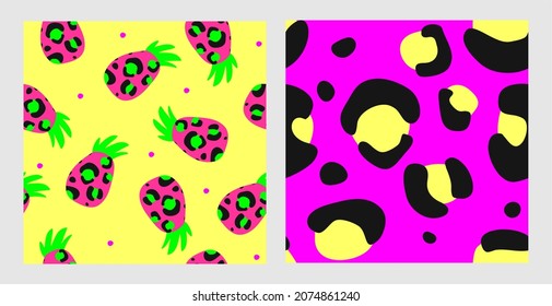 Pineapple with an animal pattern. A set of seamless patterns with pineapple and leopard print. Suitable for designing clothes, decor, postcards and posters, applying to fabric and paper