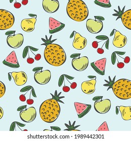 piña, manzana, cereza, pera, sandía, frutos de dibujos animados, patrón sin fisuras